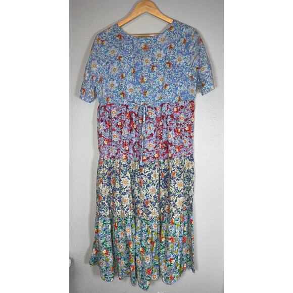 Vintage Multicolor Tiered Floral Maxi Dress Large Short Sleeve Cotton Cottage - Picture 4 of 7